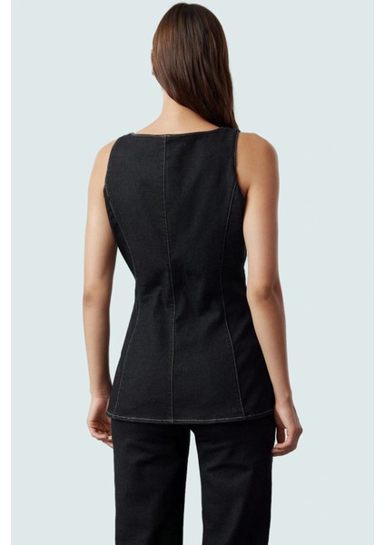 Kolsuz Denim Bluz Fermuarlı Kare Yaka Stretch Zarifane Tasarım Profesyonel Görünüm modelleri