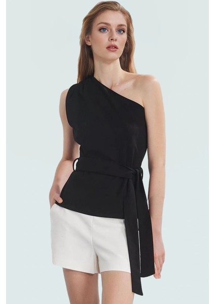 Basic Fitted Scuba Krep Bluz Asimetrik Yaka ve Kuşak Detay Dayanıklı Malzeme Trend Tasarım fiyatları