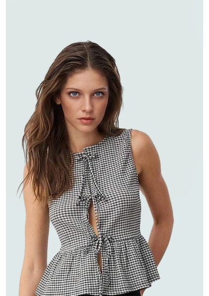 Yazlık Casual Ekose Peplum Bluz Bağcıklı Bisiklet Yaka Polyester Uzun Ömürlü