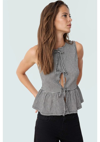 Yazlık Casual Ekose Peplum Bluz Bağcıklı Bisiklet Yaka Polyester Uzun Ömürlü fiyatları