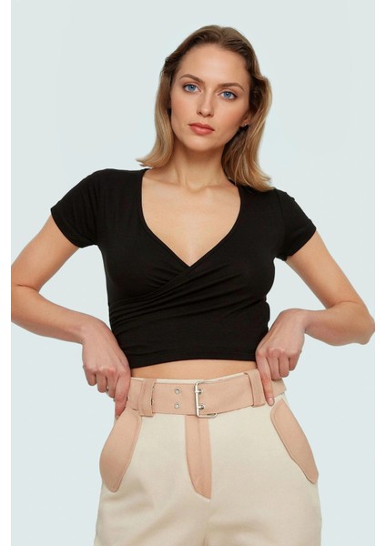 Kısa Kollu Crop Bluz V Yaka Fitted Kalıp Viskoz Kumaş Uzun Ömürlü Dayanıklı Malzeme fiyatları