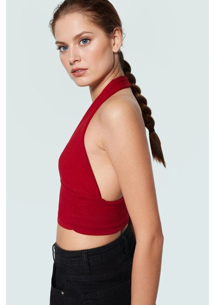 Vücuda Oturan Crop Bluz Boyundan Bağlamalı Örme Kumaş Modern Stil Premium Kalite