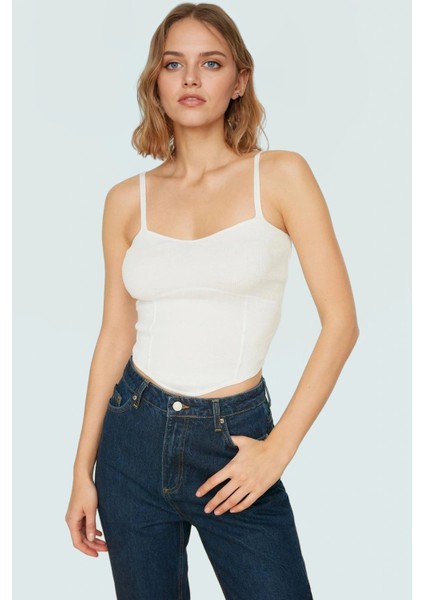 Super Crop Büstiyer Triko Kumaş Kalp Yaka Ince Askılı Rahat Günlük Stil