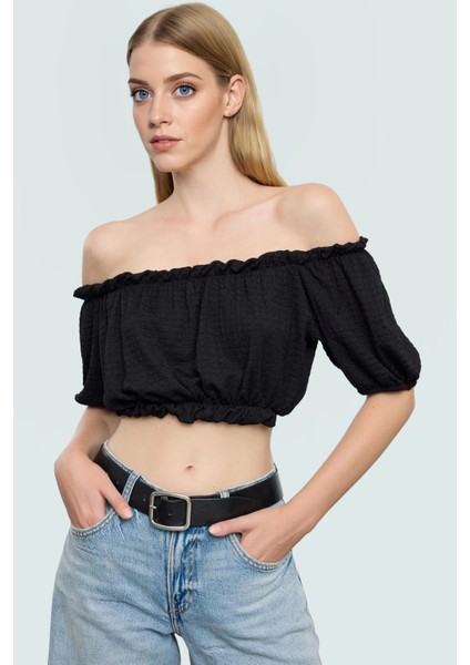 Kadın Polyester Bürümcük Dokuma Crop Bluz Carmen Yaka Kısa Kol Özel Tasarım Zarifane