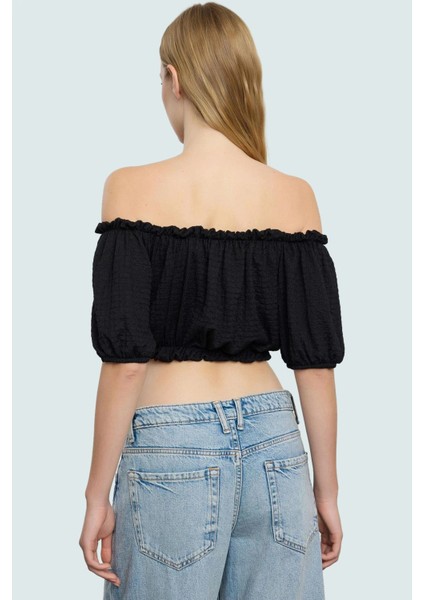 Kadın Polyester Bürümcük Dokuma Crop Bluz Carmen Yaka Kısa Kol Özel Tasarım Zarifane modelleri