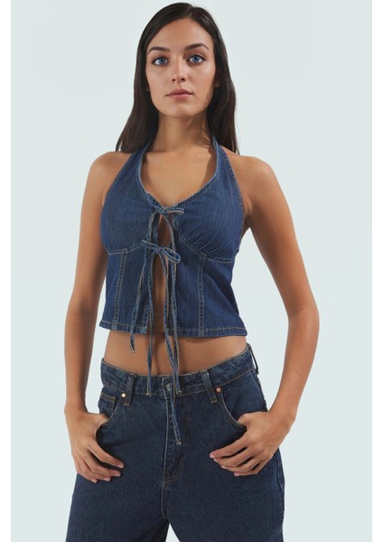 Yazlık Kadın Bluz 100% Pamuk Denim Crop Halter Yaka Bağcıklı Detay Şık Görünüm Konforlu Kesim