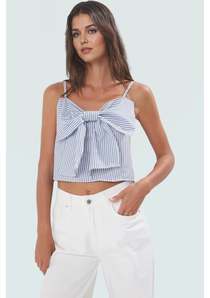 Fiyonklu Çizgili Dokuma Bluz Kolsuz Kare Yaka Yazlık Rahat Kullanım Konforlu Kesim