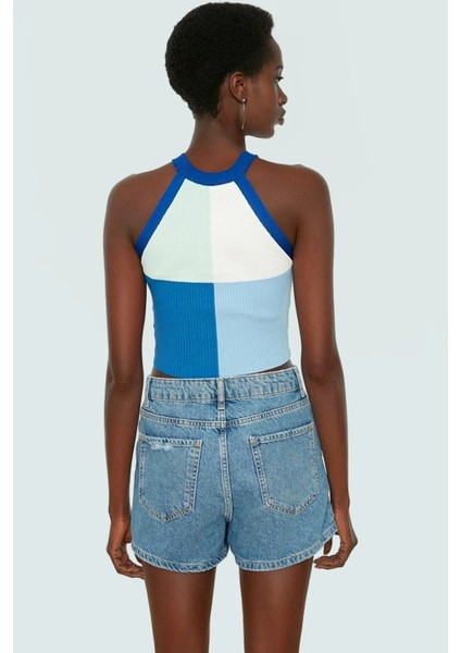 Renk Bloklu Triko Crop Bluz Halter Yaka Yazlık Polyester Günlük Konforlu Kesim Dayanıklı Malzeme
