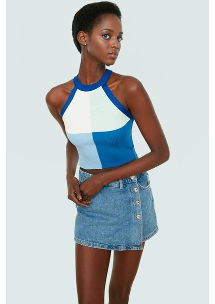 Renk Bloklu Triko Crop Bluz Halter Yaka Yazlık Polyester Günlük Konforlu Kesim Dayanıklı Malzeme fiyatları