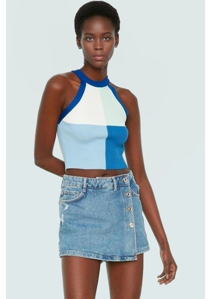 Renk Bloklu Triko Crop Bluz Halter Yaka Yazlık Polyester Günlük Konforlu Kesim Dayanıklı Malzeme modelleri