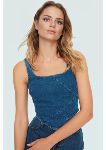 Pamuklu Denim Bluz Crop Kesim Kare Yaka Yazlık Kaliteli Işçilik Zarifane Tasarım fiyatları
