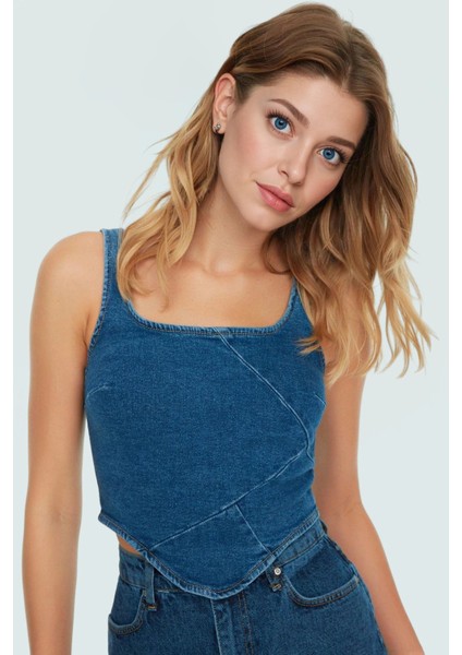 Pamuklu Denim Bluz Crop Kesim Kare Yaka Yazlık Kaliteli Işçilik Zarifane Tasarım modelleri
