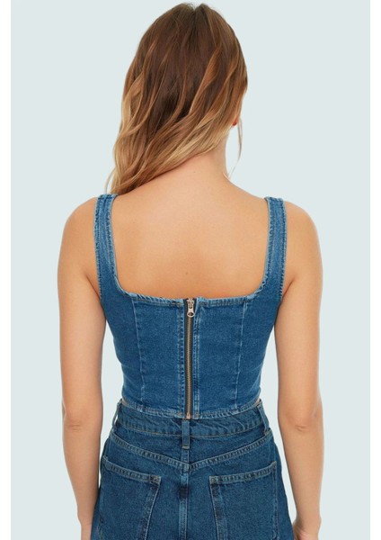 Pamuklu Denim Bluz Crop Kesim Kare Yaka Yazlık Kaliteli Işçilik Zarifane Tasarım fırsatları