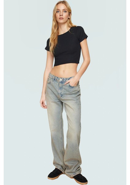 Fitted Crop Bluz Esnek Örme Bisiklet Yaka Rahat Yazlık Özel Tasarım Zarifane fiyatları