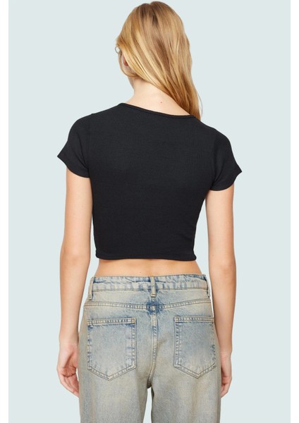 Fitted Crop Bluz Esnek Örme Bisiklet Yaka Rahat Yazlık Özel Tasarım Zarifane modelleri
