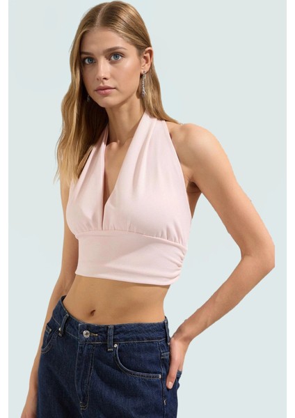 Vücuda Oturan Crop Bluz Boyundan Bağlamalı Örme Kumaş Modern Stil Premium Kalite fiyatları
