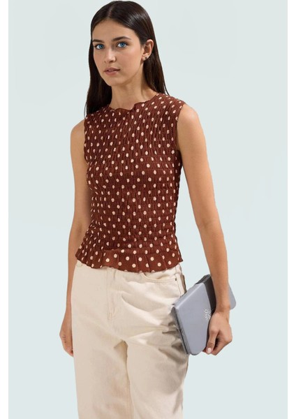 Regular Kolsuz Fitted Bluz Ekose Desenli Polyester Esnek Örme Kumaş Trend Tasarım Özenle Seçilmiş
