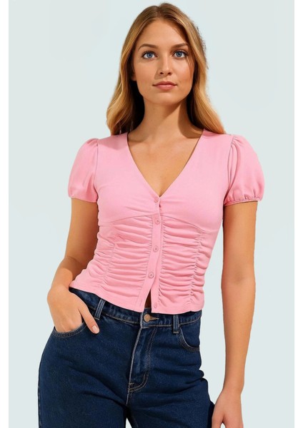 Fitted Vücuda Oturan Pamuklu Bluz V Yaka Düğmeli Kısa Kollu Yazlık Modern Stil Trend Tasarım
