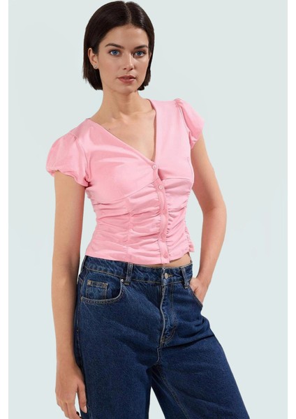 Fitted Vücuda Oturan Pamuklu Bluz V Yaka Düğmeli Kısa Kollu Yazlık Modern Stil Trend Tasarım fiyatları