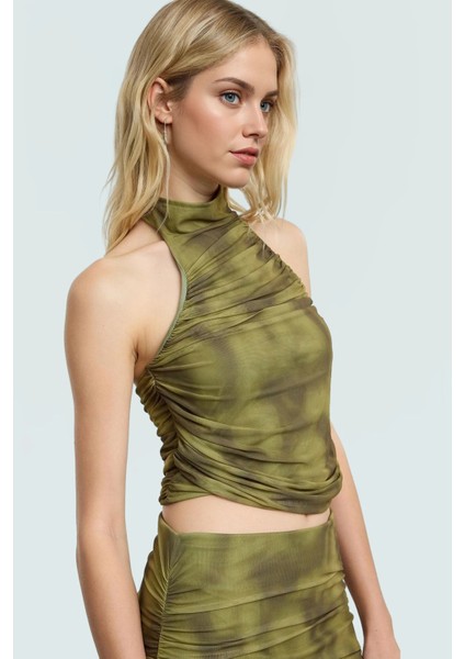 Tül Örme Bluz Halter Yaka Fitted Crop Yazlık Premium Kalite Uzun Ömürlü