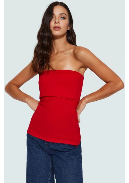 Yandan Fermuarlı Krep Örme Straplez Bluz Premium Kalite Modern Stil