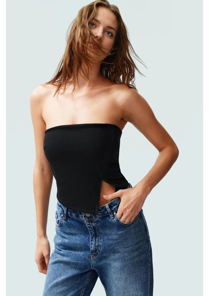 Fitted Straplez Crop Bluz Yan Fermuar Asimetrik Kesim Polyester Kumaş Profesyonel Görünüm fiyatları