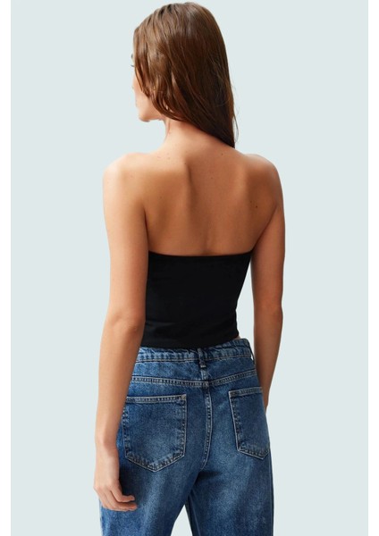 Fitted Straplez Crop Bluz Yan Fermuar Asimetrik Kesim Polyester Kumaş Profesyonel Görünüm modelleri