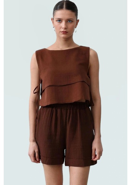 Yazlık Pamuklu Dokuma Bluz Bisiklet Yaka Yandan Bağlama Detaylı Konforlu Kesim