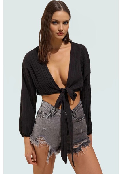 Dokuma Crinkle Plaj Bluz Bağlamalı Detay Regular Uzun Kollu Yazlık Ömürlü