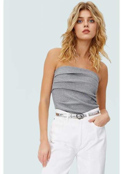 Lurexli Simli Örme Bluz Straplez Fitted Yazlık Uzun Ömürlü Dayanıklı Malzeme Zarifane Tasarım