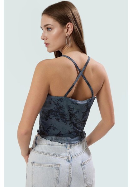 Astarlı Tül Örme Kolsuz Crop Bluz Çiçek Desenli Fitted Rahat Kullanım