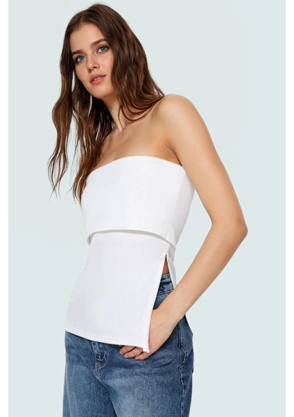 Yandan Fermuarlı Krep Örme Straplez Bluz Premium Kalite Modern Stil