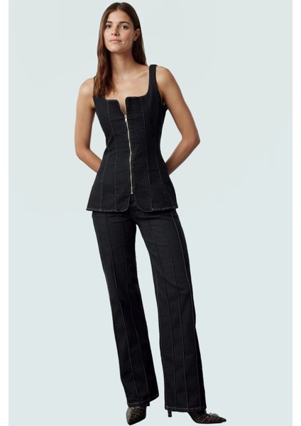 Fermuarlı Denim Bluz Yazlık Kare Yaka Pamuklu Kumaş Modern Stil Rahat Kullanım fiyatları