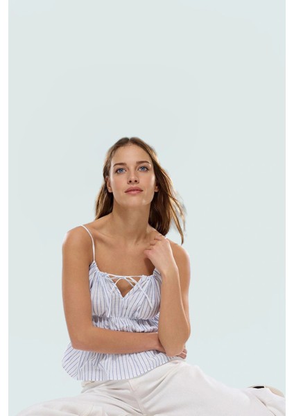 Rahat Fitted Çizgili Pamuklu Bluz Kolsuz Kalp Yaka Günlük Yaz Seçkin Malzeme