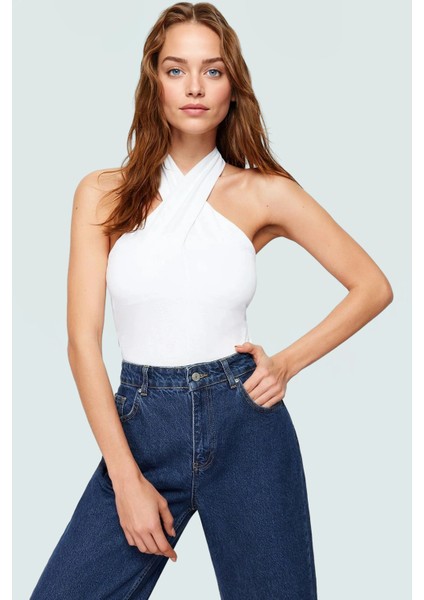 Crop Bluz Örme Boyundan Bağlamalı Rahat Günlük Stil Mükemmel Uyum Premium Kalite