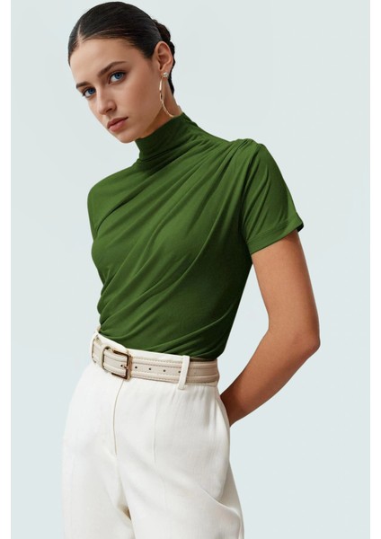 Polyester Elastan Örme Bluz Dik Yaka Fitted Kısa Kollu Yazlık Yüksek Kalite Rahat Kullanım