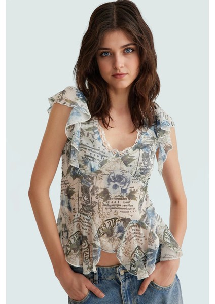 Yazlık Kolsuz Şifon Bluz V Yaka Çiçek Desenli Polyester Kumaş Premium Kalite Yüksek