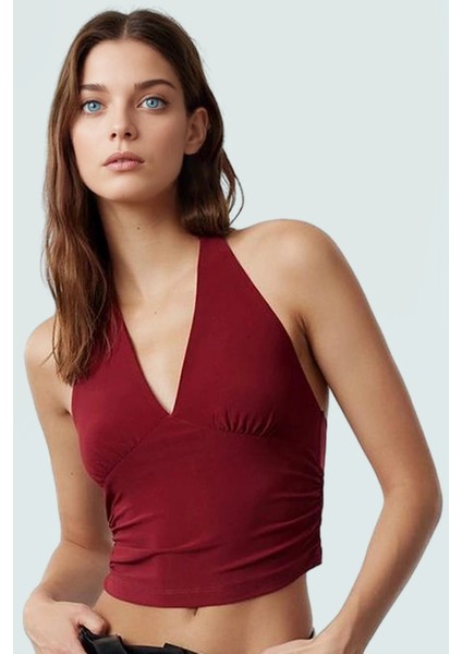 Vücuda Oturan Boyundan Bağlamalı Crop Bluz Polyester Elastan Sandy Dokuma Yüksek Kalite