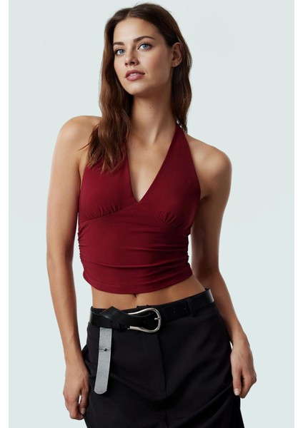 Vücuda Oturan Boyundan Bağlamalı Crop Bluz Polyester Elastan Sandy Dokuma Yüksek Kalite fiyatları