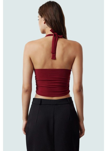 Vücuda Oturan Boyundan Bağlamalı Crop Bluz Polyester Elastan Sandy Dokuma Yüksek Kalite modelleri
