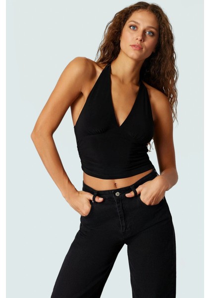 Vücuda Oturan Boyundan Bağlamalı Crop Bluz Polyester Elastan Sandy Dokuma Yüksek Kalite fiyatları