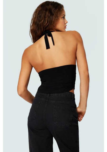 Vücuda Oturan Boyundan Bağlamalı Crop Bluz Polyester Elastan Sandy Dokuma Yüksek Kalite fırsatları