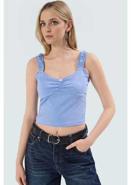 Yazlık Kadın Bluz Crop Örme Pamuklu Likralı Penye Havuz Yaka Premium Kalite Trend Tasarım