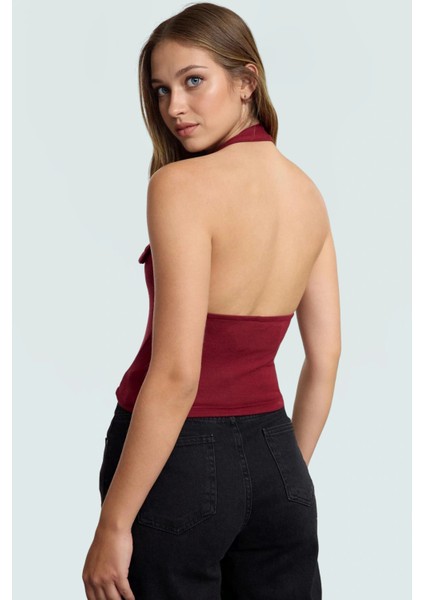 Fitted Kalıp Viskoz Ribana Crop Bluz Boyundan Bağlamalı Yaka Günlük Stil