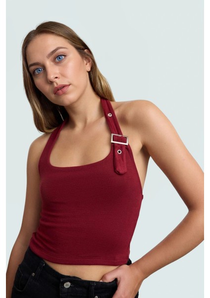 Fitted Kalıp Viskoz Ribana Crop Bluz Boyundan Bağlamalı Yaka Günlük Stil fiyatları