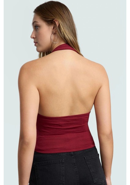 Fitted Kalıp Viskoz Ribana Crop Bluz Boyundan Bağlamalı Yaka Günlük Stil modelleri