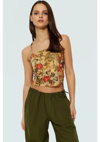 Astarlı Tül Örme Kolsuz Crop Bluz Çiçek Desenli Fitted Rahat Kullanım