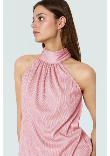 Kadın Yazlık Bluz Halter Yaka Pilise Dokuma Regular Kalıp Polyester Kumaş