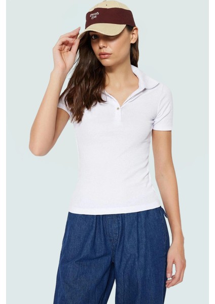 Fitted Vücut Oturan Fermuarlı Polo Yaka Kısa Kollu Bluz %70 Polyester Rahat ve Şık fiyatları