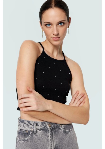 Fitted Crop Bluz Renk Pamuklu Kaşkorse Örme Kumaş Özenle Seçilmiş Premium Kalite